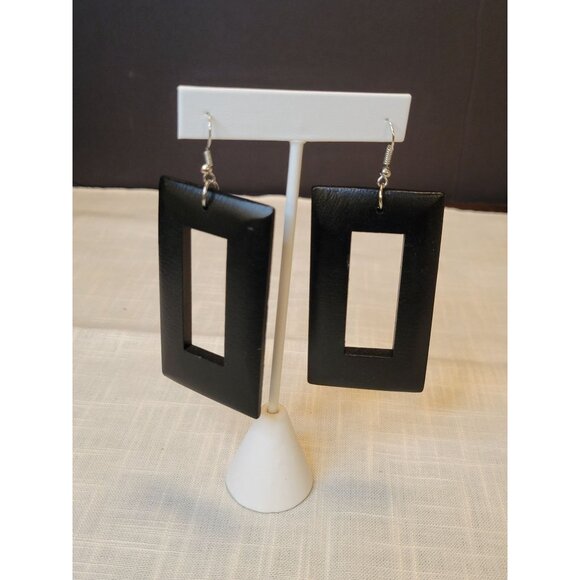 Wood Earrings Geometric Black Rectangular Cutout Dangles - Picture 4 of 5